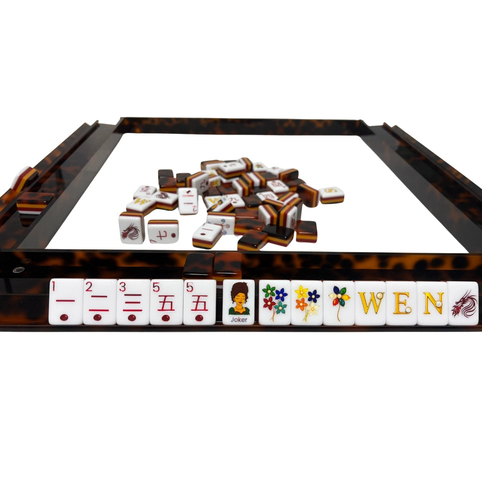 Luxury Handmade Tortoise Shell Acrylic Mahjong Racks and Pushers Set (4 Pieces)